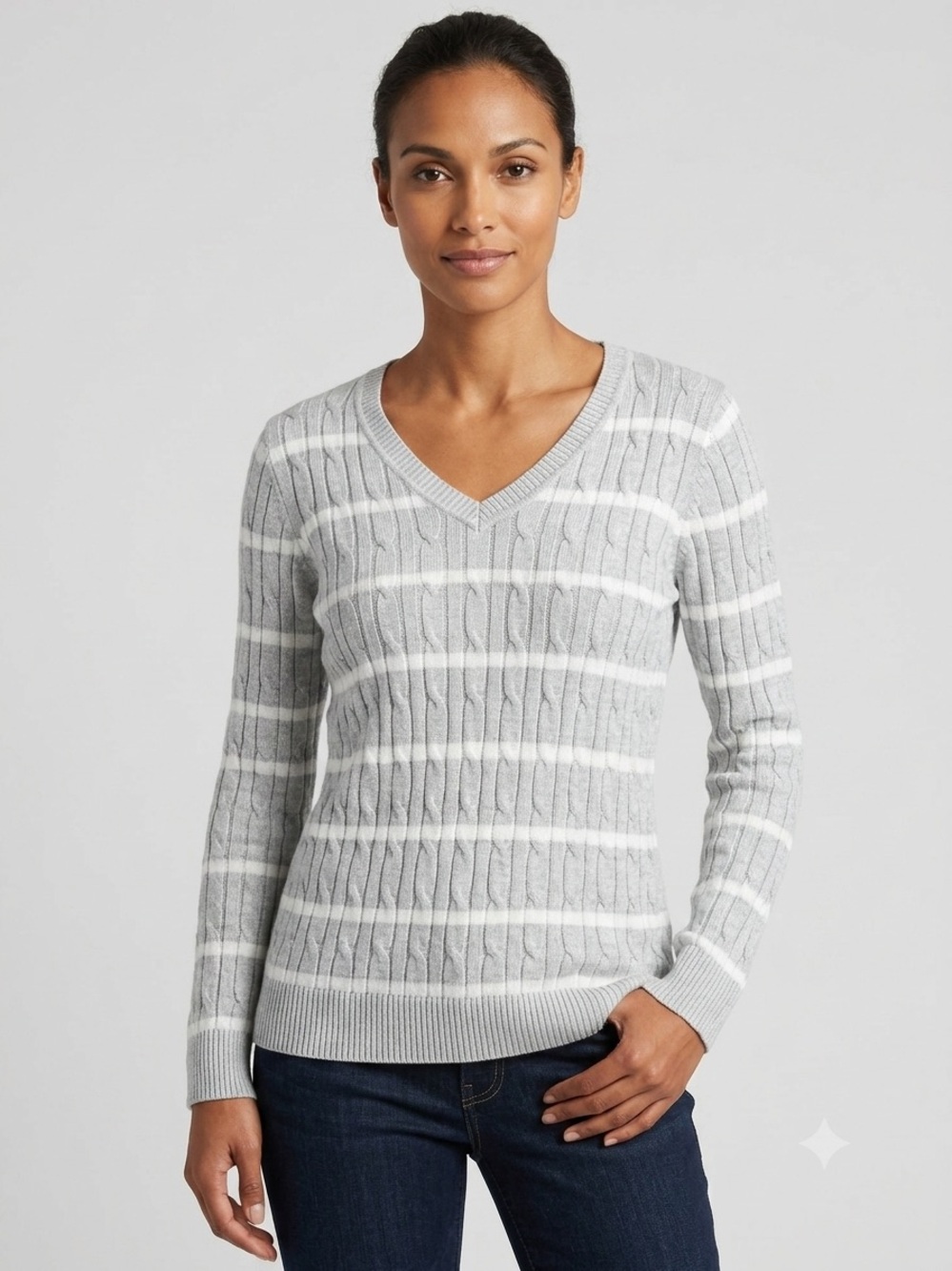 NWT Style & Co Grey White Striped Cable Knit V-Neck Sweater Size XL 100% Cotton